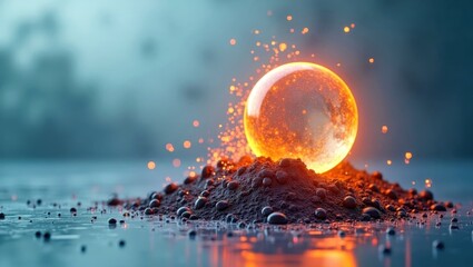 Nonrenewable Energy. Glowing orange sphere on dark soil with water dro
