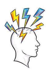 Sketch Style Head Profile with Colorful Lightning Bolts; Energetic, Creative Idea Concept
