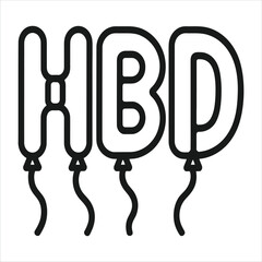 Clean line art illustration of festive helium balloons forming the abbreviation HBD, perfect for birthday party invitations, greeting card designs, and digital celebration elements.