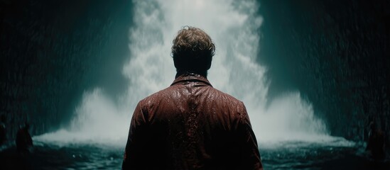Man facing immense waterfall