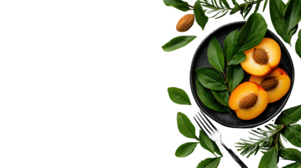 Ripe Peach Halves on Dark Plate with Greenery