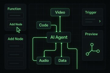 Fototapeta premium AI Agent Node Editor with Visual Flowchart for Code, Audio, Video and Data Integration 