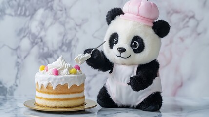 Stuffed panda as a baker frosting a miniature plush cake on marble background