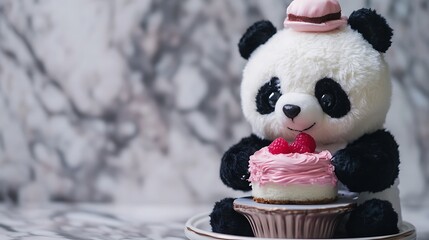 Stuffed panda as a baker frosting a miniature plush cake on marble background
