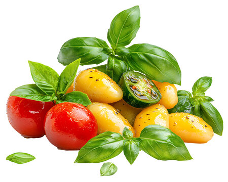 Ripe Red and Yellow Tomatoes with Fresh Basil Leaves