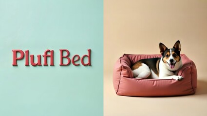 Plufl Bed. Cute tricolor corgi dog resting on cozy pink plush bed rela