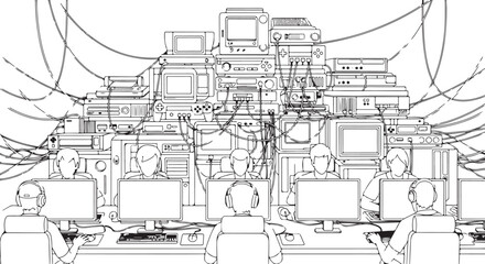 Illustration of people gaming surrounded by tangled wires and old computer equipment.