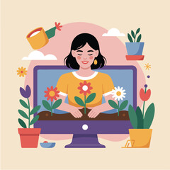 Woman planting flowers emerging from a computer screen with watering can and potted plants around