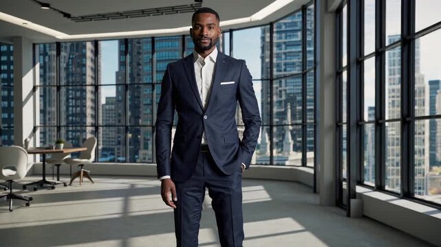 Confident Professional in a Modern Office Setting, Exuding Style and Poise While Standing Against a Panoramic View of a City Skyline.