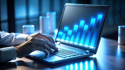 Person analyzing financial data on a laptop with glowing stock market charts