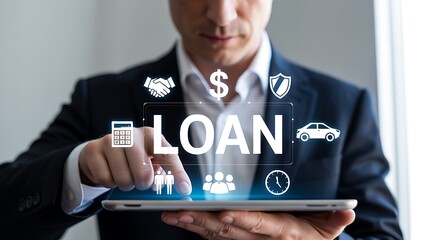 Business professional interacting with a tablet displaying a digital interface with financial icons and the word 'LOAN' illuminated, symbolizing loan services and financial planning.
