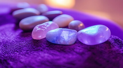 Colorful gemstones arranged on a vibrant purple fabric background