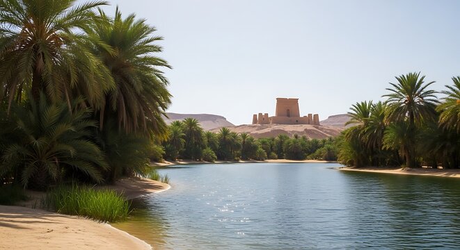 Tranquil Oasis: Lake, Palm Trees, and Ancient Fortress in the Sahara Desert