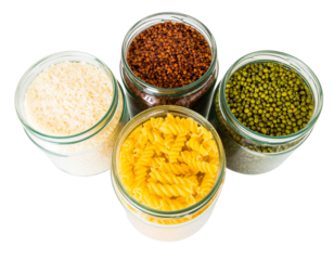  Row of Five Glass Jars with Assorted Grains and Legumes Front View Isolated on Transparent Background PNG