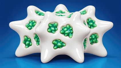 Three stylized, star-shaped, white objects with embedded, bright green clusters