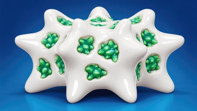 Three stylized, star-shaped, white objects with embedded, bright green clusters