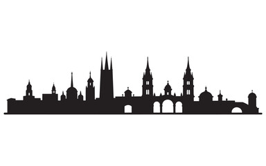 Fototapeta premium Cityscape Silhouette with Prominent Spires and Architectural Details A Striking Urban Panorama Against a White Background Showing Cultural and Architectural Landscape