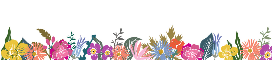 Horizontal floral banner, border, backdrop, overlay decorated with gorgeous multicolored blooming flowers and leaves. Summer botanical flat vector illustration isolated on transparent background