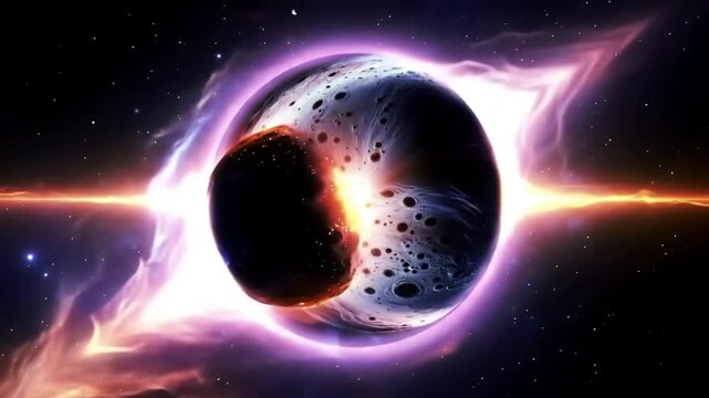 Two neutron stars spiraling together, creating gravitational waves and bursts of gamma rays in a dramatic cosmic scene. Cinematic 8K HDR, not realistic.