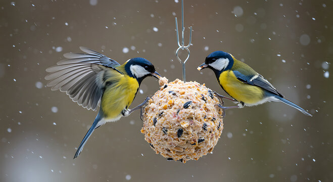 Two great tit birds feeding on a fat ball hanging from a tree branch during a snowy winter day