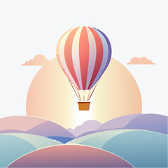 A hot air balloon drifting over hills in flat minimal pastel tones.