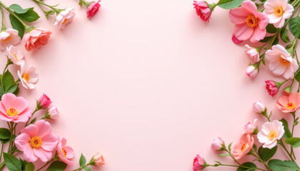 A beautiful arrangement of delicate pink flowers on a soft pink background, perfect for spring-themed designs.