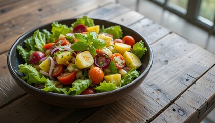 Vibrant potato salad with fresh tomatoes, onions, and basil on a rustic wooden table, ready to eat