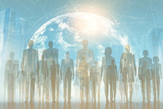 Silhouettes of diverse people standing with a glowing digital globe behind them, representing global connectivity and unity.