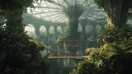A large greenhouse is filled with plants and structures.
