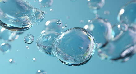Crystal Clear Water Bubbles Suspended Against a Blue Backdrop