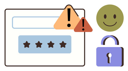 Password input field, alert triangles, lock icon, and happy face represent cybersecurity, privacy, safety, user experience, identity risk and system accessibility concepts. Ideal for simple landing