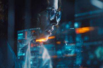 Close-up of a woman wearing glasses analyzing complex digital data and holographic interface with blue and orange glowing elements.