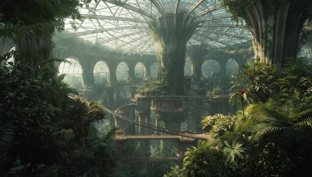 A large greenhouse is filled with plants and structures.
 - Powered by Adobe