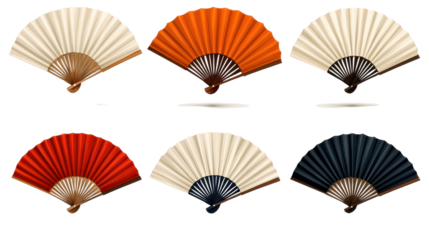 Six Colorful Hand Fans on Transparent Background