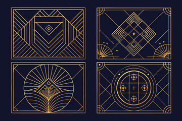 Fototapeta premium Elegant golden geometric designs set against a dark blue background featuring art deco inspired ornamental structures