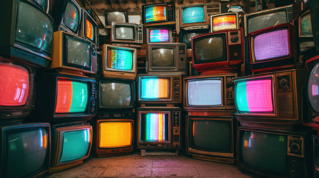 A cluttered room filled with stacked vintage CRT televisions displaying colorful static.
