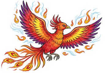 Fiery Phoenix Bird Illustration: Mythical Creature, Vibrant Colors, Fantasy Art, Winged, Majestic, Powerful.