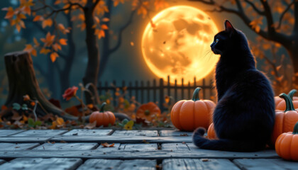 A black cat sits among pumpkins under a full moon in a serene autumn landscape.