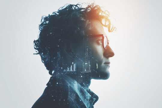 Double exposure profile of a man with glasses, combining his face with digital data and bar charts illustrating technology and analytics.