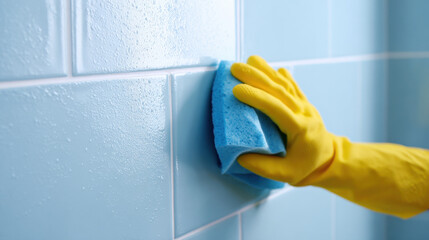 Person in yellow gloves cleaning wet blue bathroom tiles with a sponge.