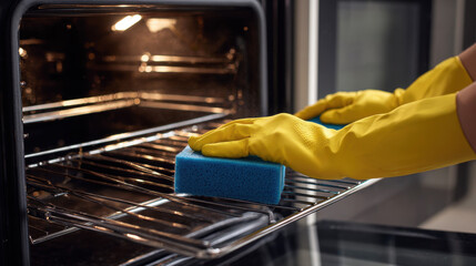 Person in yellow gloves cleaning dirty oven racks with a blue sponge