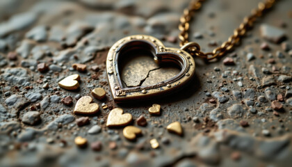 A broken heart pendant on a textured surface, symbolizing love and loss, with scattered golden hearts around it.