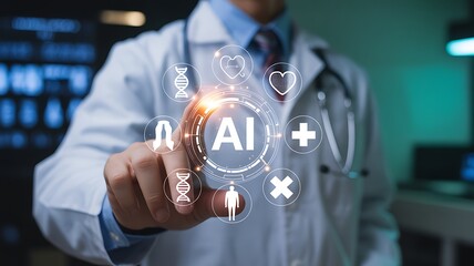 Doctor using artificial intelligence technology in healthcare, showcasing the future of medicine with advanced diagnostics, treatment, and patient care in a modern medical setting with AI integration