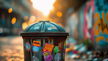 Large blue garbage bin outside in the street of residential buildings at night.