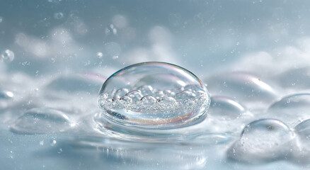 Close-up of a clear water droplet containing multiple small bubbles