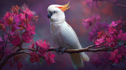 Elegant cockatoo perched amidst vibrant magenta rhododendron blooms