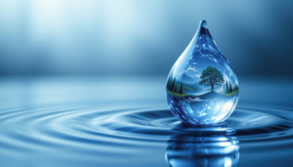 A captivating water droplet reflecting a serene landscape, symbolizing nature and environmental beauty.