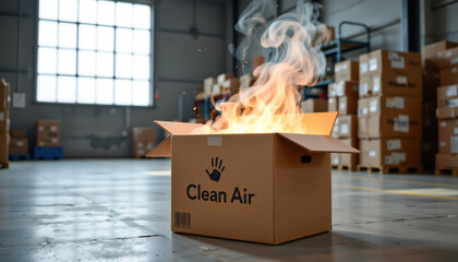 A cardboard box labeled 'Clean Air' emitting smoke and flames, symbolizing environmental concerns and pollution.