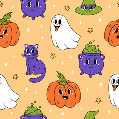 Naklejka premium Modern retro Halloween seamless pattern with groovy characters. Hand drawn vector illustration for wrapping paper, textile, fabric.