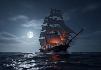 Majestic Tall Ship Sailing Under Moonlight on a Starry Night Ocean Adventure